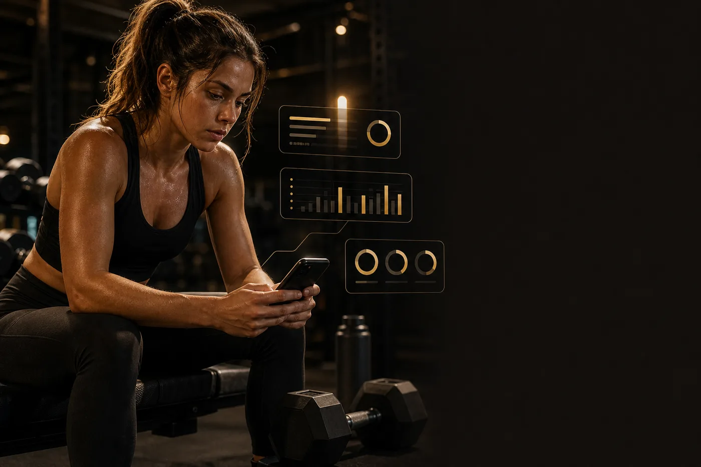 Woman reviewing her training session on an iPhone between sets in a dark strength gym