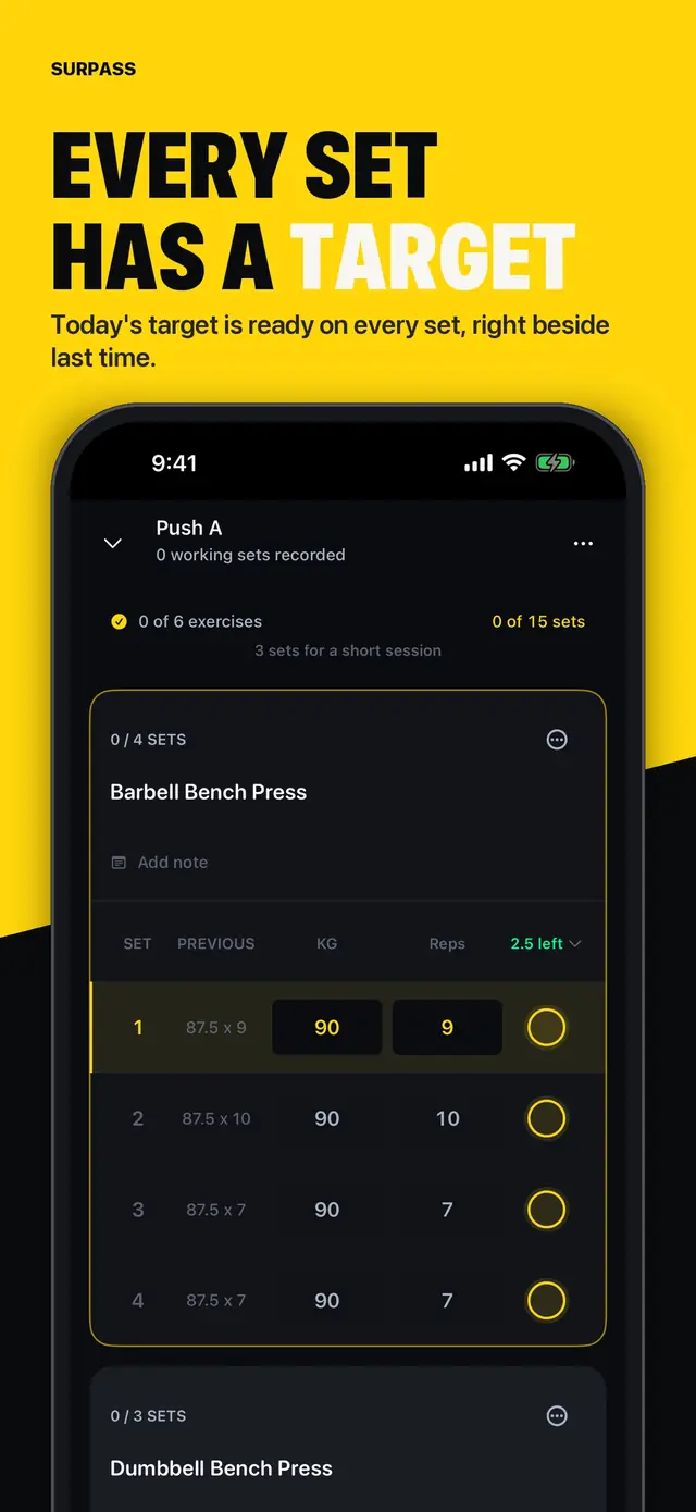 Surpass screenshot with a next-set target beside what you lifted last time