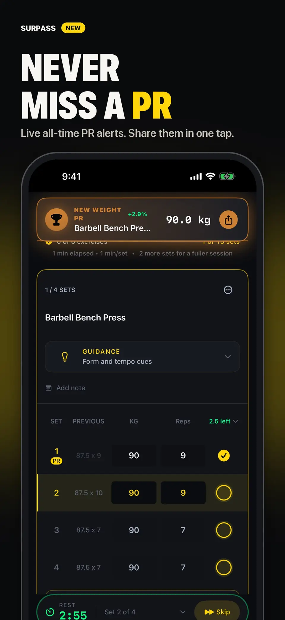 Surpass App Store screenshot of a live personal-record alert