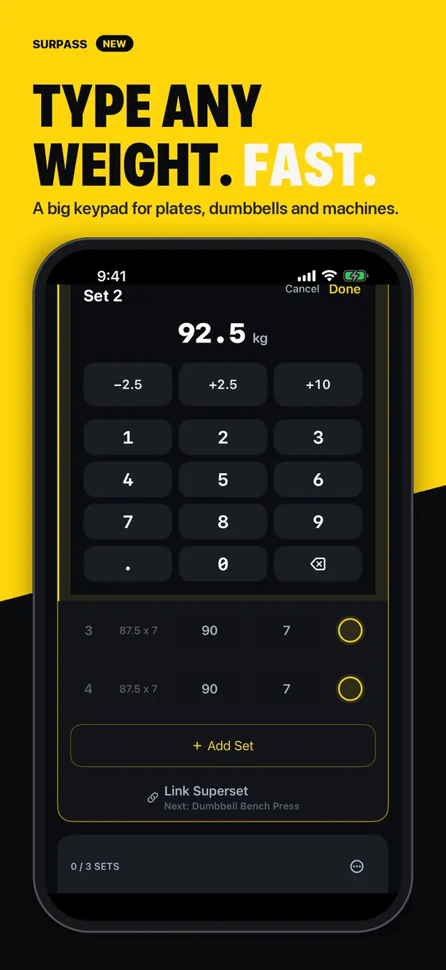 Surpass screenshot: large weight keypad for plates, dumbbells, and machines