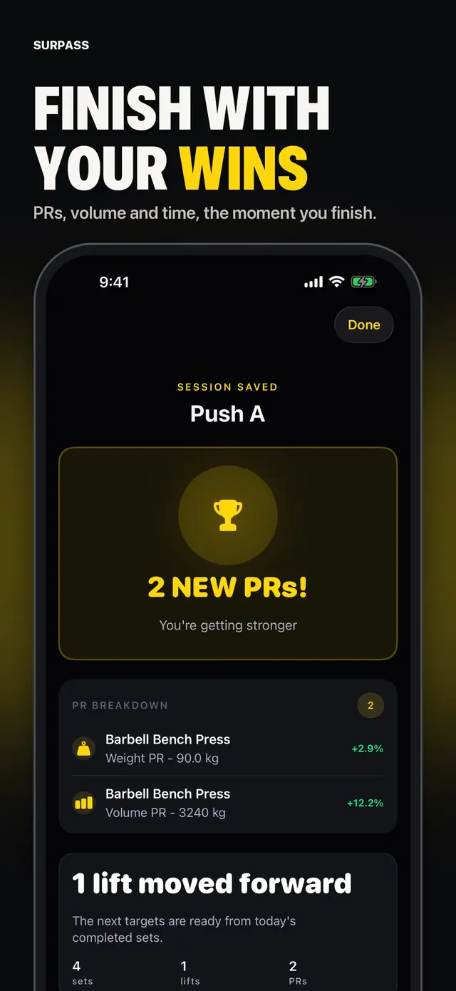 Surpass workout summary screenshot leading with personal records