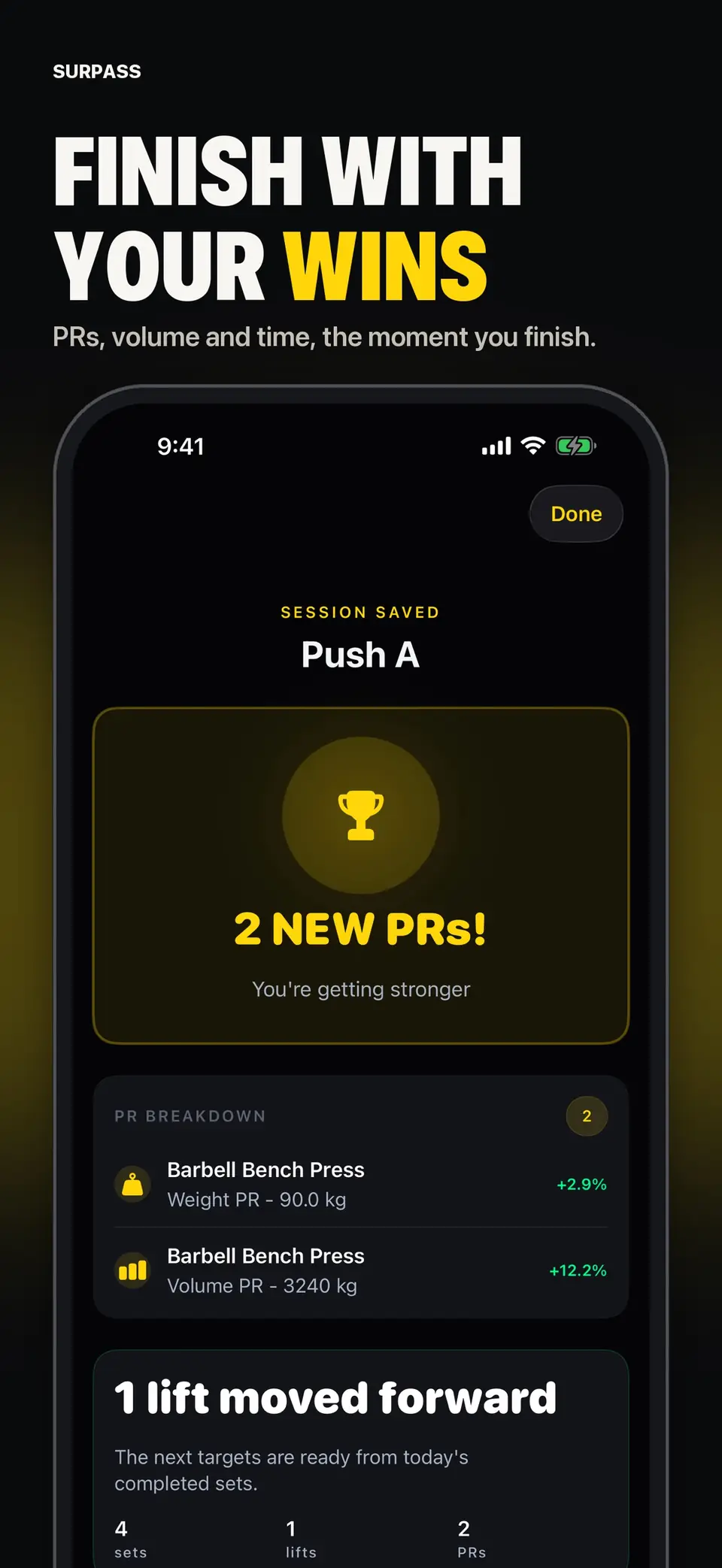 Surpass App Store screenshot of a workout summary led by personal records