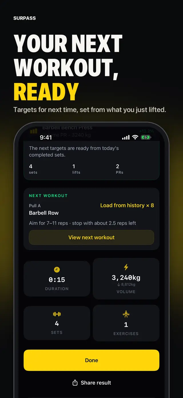 Surpass screenshot: next workout targets set from the session you just finished