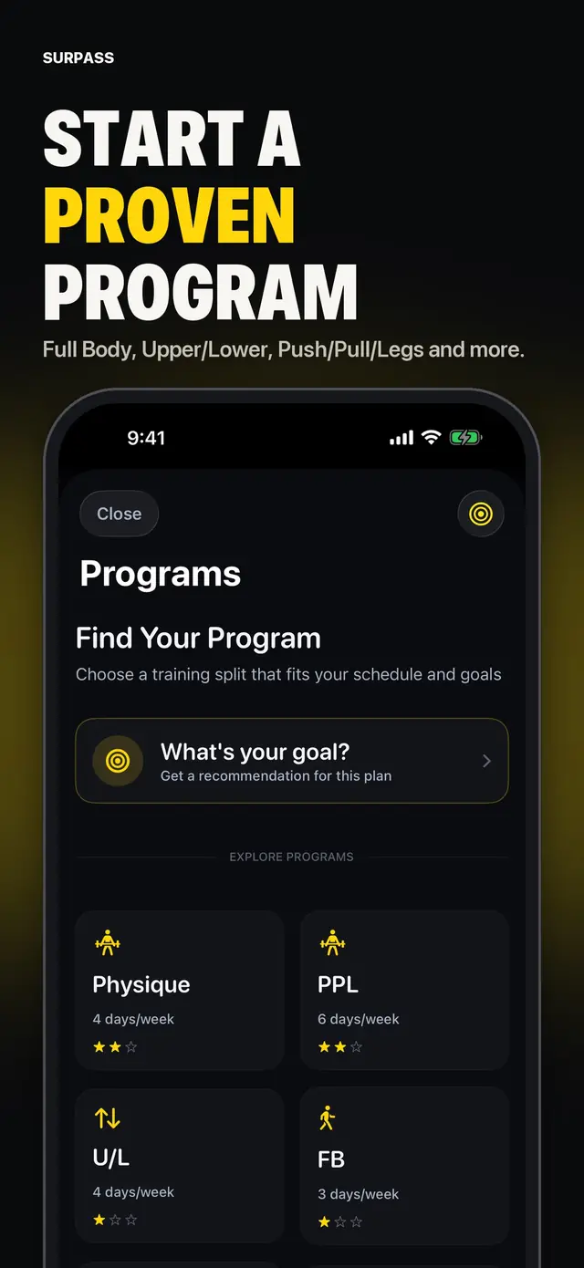 Surpass screenshot of proven programs including Full Body, Upper/Lower, and Push/Pull/Legs